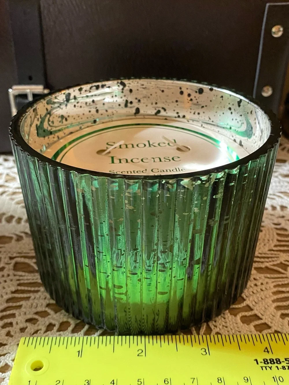 Smoked Incense Scented Candle 12 oz Green Speckled Cut Glass Jar 3-Wick